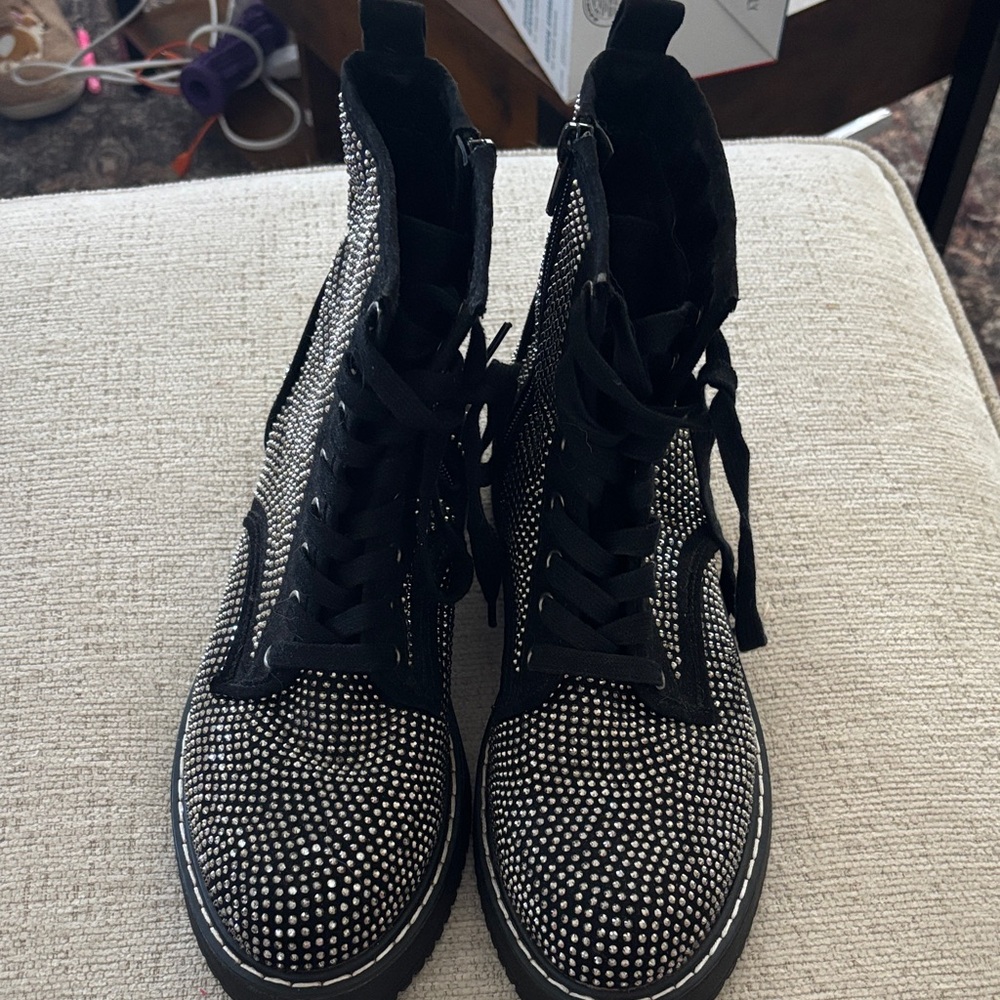 Madden girl Women's Black Rhinestone Lace-Up Combat Boots